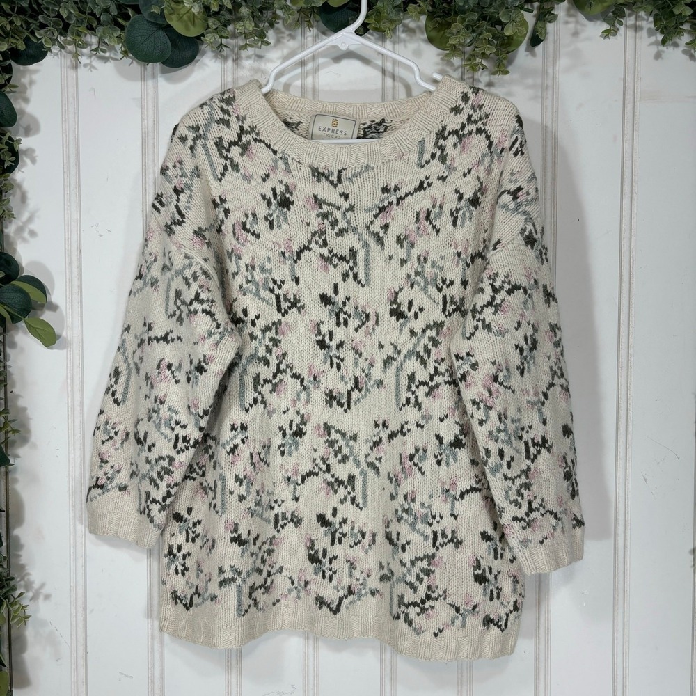Vintage 90s Express Floral Sweater‎ LARGE Cream Tricot Handknit Silk Angora